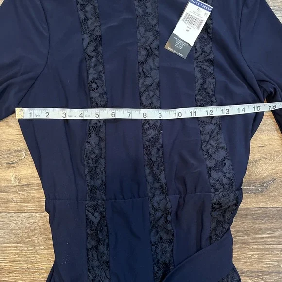 Lauren RALPH LAUREN Womens 10 Navy Lace DRESS Tie & Zip LONG SLEEVE Formal $185 - Picture 5 of 9